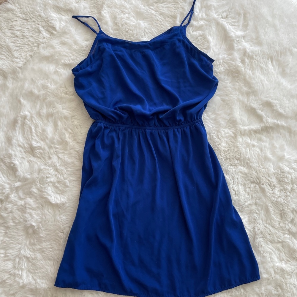 Express Blue Spaghetti Strap Dress  Sz Small V-Neck Cinched  Waist